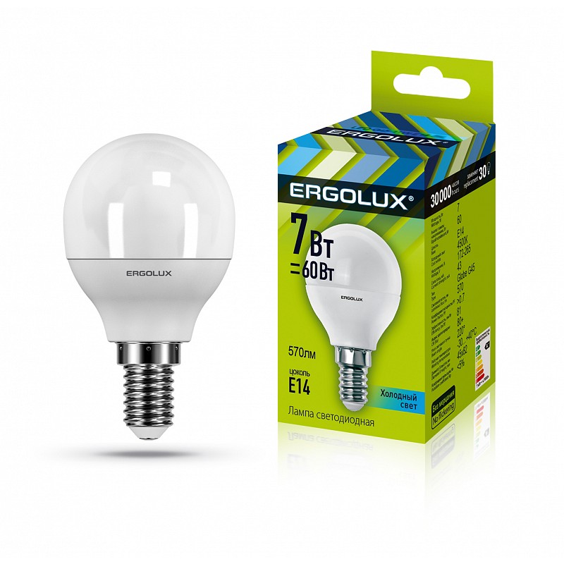 Лампа Ergolux led G45 7W E14 4K